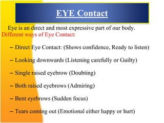 EYE Contact
Eye is an direct and most expressive part of our body.
Different ways of Eye Contact:
– Direct Eye Contact: (Shows confidence, Ready to listen)
– Looking downwards (Listening carefully or Guilty)
– Single raised eyebrow (Doubting)
– Both raised eyebrows (Admiring)
– Bent eyebrows (Sudden focus)
– Tears coming out (Emotional either happy or hurt)
 