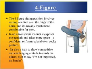 4-Figure
 The 4 figure sitting position involves
resting one foot over the thigh of the
other, and it's usually much more
comfortable for men.
 In an unconscious manner it exposes
the genitals and takes more space – a
confident, self assured and even cocky
posture.
 It's also a way to show competitive
and challenging attitude towards the
others, as if to say "I'm not impressed,
try harder"
 