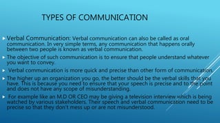 TYPES OF COMMUNICATION
 Verbal Communication: Verbal communication can also be called as oral
communication. In very simple terms, any communication that happens orally
between two people is known as verbal communication.
 The objective of such communication is to ensure that people understand whatever
you want to convey.
 Verbal communication is more quick and precise than other form of communication.
 The higher up an organization you go, the better should be the verbal skills that you
have. This is because you need to ensure that your speech is precise and to the point
and does not have any scope of misunderstanding.
 For example like an M.D OR CEO may be giving a television interview which is being
watched by various stakeholders. Their speech and verbal communication need to be
precise so that they don’t mess up or are not misunderstood.
 