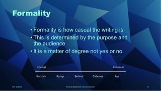 Formality
• Formality is how casual the writing is
• This is determined by the purpose and
the audience
• It is a matter of degree not yes or no.
Formal Informal
Buttock Rump Behind Caboose Ass
Rev 1/2018 Nursing Readiness-Communication 14
 