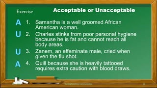Exercise Acceptable or Unacceptable
1. Samantha is a well groomed African
American woman.
2. Charles stinks from poor personal hygiene
because he is fat and cannot reach all
body areas.
3. Zanem, an effeminate male, cried when
given the flu shot.
4. Quill because she is heavily tattooed
requires extra caution with blood draws.
Rev 1/2018 Nursing Readiness-Communication 16
 