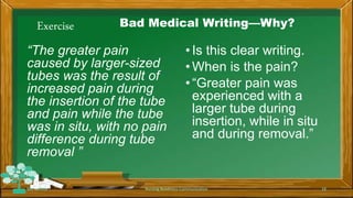 Exercise Bad Medical Writing—Why?
“The greater pain
caused by larger-sized
tubes was the result of
increased pain during
the insertion of the tube
and pain while the tube
was in situ, with no pain
difference during tube
removal ”
•Is this clear writing.
•When is the pain?
•“Greater pain was
experienced with a
larger tube during
insertion, while in situ
and during removal.”
Rev 1/2018 Nursing Readiness-Communication 18
 