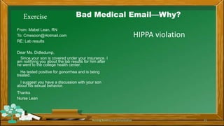 Exercise Bad Medical Email—Why?
From: Mabel Lean, RN
To: Cmesoon@Hotmail.com
RE: Lab results
Dear Ms. Didledump,
Since your son is covered under your insurance. I
am notifying you about the lab results for him after
he went to the college health center.
He tested positive for gonorrhea and is being
treated.
I suggest you have a discussion with your son
about his sexual behavior.
Thanks
Nurse Lean
Rev 1/2018 Nursing Readiness-Communication 31
HIPPA violation
 