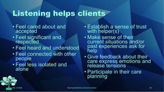 Listening helps clients
• Feel cared about and
accepted
• Feel significant and
respected
• Feel heard and understood
• Feel connected with other
people
• Feel less isolated and
alone
• Establish a sense of trust
with helper(s)
• Make sense of their
current situations and/or
past experiences ask for
help
• Give feedback about their
care express emotions and
release tensions
• Participate in their care
planning
Rev 1/2018 Nursing Readiness-Communication 34
 