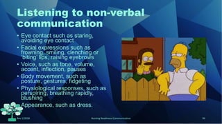 Listening to non-verbal
communication
• Eye contact such as staring,
avoiding eye contact
• Facial expressions such as
frowning, smiling, clenching or
‘biting’ lips, raising eyebrows
• Voice, such as tone, volume,
accent, inflection, pauses
• Body movement, such as
posture, gestures, fidgeting
• Physiological responses, such as
perspiring, breathing rapidly,
blushing
• Appearance, such as dress.
Rev 1/2018 Nursing Readiness-Communication 36
 