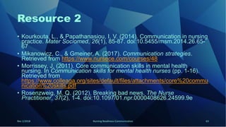 Resource 2
• Kourkouta, L., & Papathanasiou, I. V. (2014). Communication in nursing
practice. Mater Sociomed, 26(1), 85-87. doi:10.5455/msm.2014.26.65-
67
• Mikanowicz, C., & Gmeiner, A. (2017). Communication strategies.
Retrieved from https://www.nursece.com/courses/48
• Morrissey, J. (2011). Core communication skills in mental health
nursing. In Communication skills for mental health nurses (pp. 1-16).
Retrieved from
https://www.colleaga.org/sites/default/files/attachments/core%20commu
nication%20skills.pdf
• Rosenzweig, M. Q. (2012). Breaking bad news. The Nurse
Practitioner, 37(2), 1-4. doi:10.1097/01.npr.0000408626.24599.9e
Rev 1/2018 Nursing Readiness-Communication 63
 
