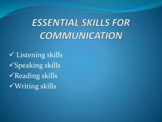  Listening skills
Speaking skills
Reading skills
Writing skills
 
