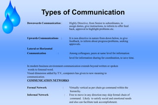 Types of Communication
Downwards Communication : Highly Directive, from Senior to subordinates, to
assign duties, give instructions, to inform to offer feed
back, approval to highlight problems etc.
Upwards Communications : It is non directive in nature from down below, to give
feedback, to inform about progress/problems, seeking
approvals.
Lateral or Horizontal
Communication : Among colleagues, peers at same level for information
level for information sharing for coordination, to save time.
In modern business environment communication extends beyond written or spoken
words to listened word.
Visual dimension added by T.V., computers has given to new meaning to
communication.
COMMUNICATION NETWORKS
Formal Network : Virtually vertical as per chain go command within the
hierarchy.
Informal Network : Free to move in any direction may skip formal chain of
command. Likely to satisfy social and emotional needs
and also can facilitate task accomplishment.
 