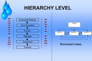 HIERARCHY LEVEL
Executive Director
Vice President
A.G.M.
Manager
Supervisor
Forman
Supervisor 3Supervisor 1 Supervisor 2
Manager
Horizontal Comm.
 