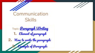 Communication
Skills
Paragraph Writing
1. Element of paragraph
2. How to write the paragraph:
3. Example of Paragraph:
 