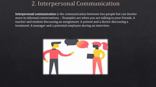 Interpersonal communication is the communication between two people but can involve
more in informal conversations. – Examples are when you are talking to your friends. A
teacher and student discussing an assignment. A patient and a doctor discussing a
treatment. A manager and a potential employee during an interview.
 