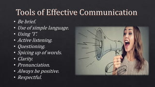 • Be brief.
• Use of simple language.
• Using “I”.
• Active listening.
• Questioning.
• Spicing up of words.
• Clarity.
• Pronunciation.
• Always be positive.
• Respectful.
 