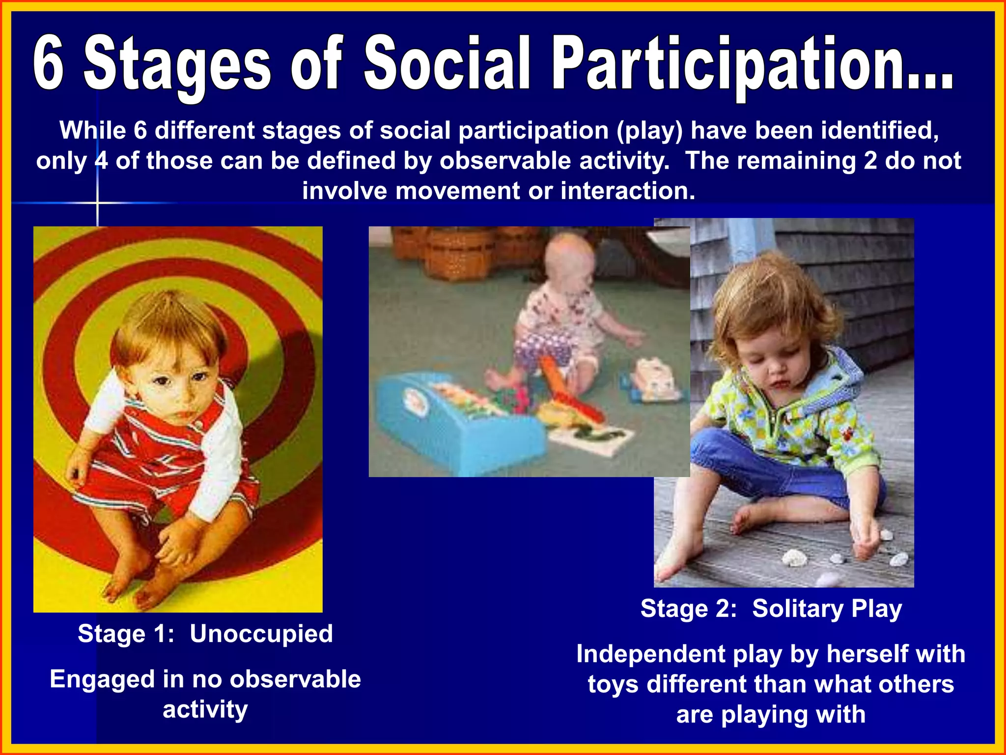 While 6 different stages of social participation (play) have been identified,
only 4 of those can be defined by observable activity. The remaining 2 do not
involve movement or interaction.
Stage 2: Solitary Play
Independent play by herself with
toys different than what others
are playing with
Stage 1: Unoccupied
Engaged in no observable
activity
 