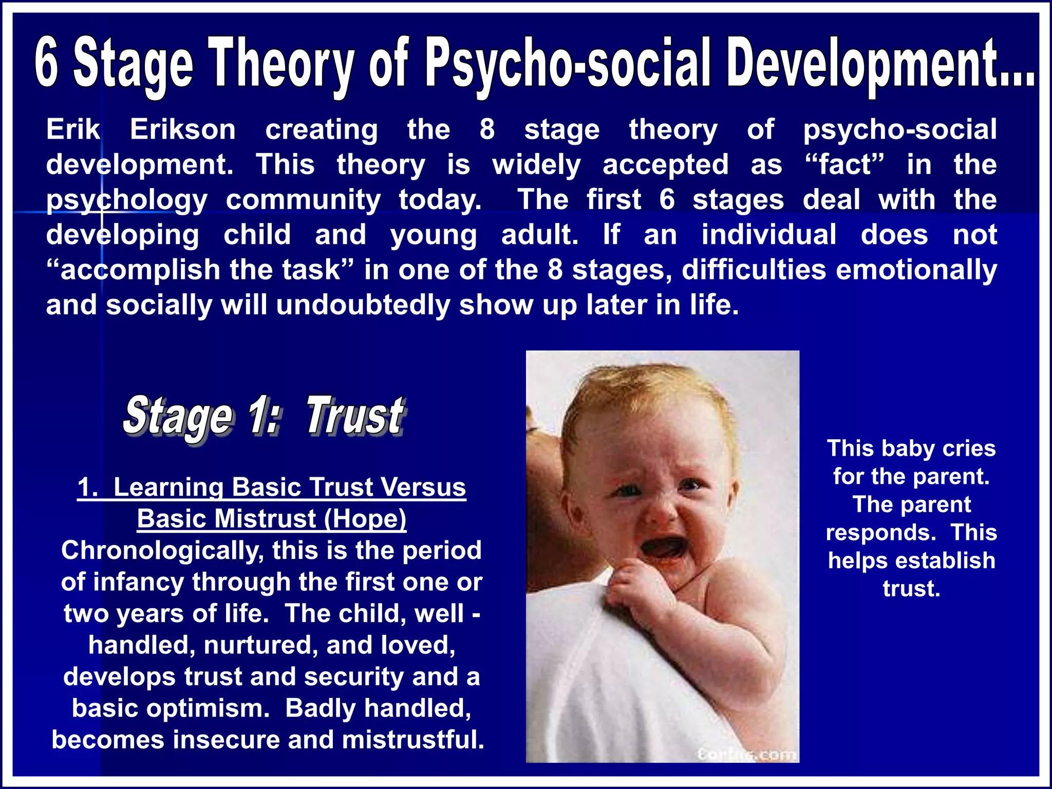 1. Learning Basic Trust Versus
Basic Mistrust (Hope)
Chronologically, this is the period
of infancy through the first one or
two years of life. The child, well -
handled, nurtured, and loved,
develops trust and security and a
basic optimism. Badly handled,
becomes insecure and mistrustful.
Erik Erikson creating the 8 stage theory of psycho-social
development. This theory is widely accepted as “fact” in the
psychology community today. The first 6 stages deal with the
developing child and young adult. If an individual does not
“accomplish the task” in one of the 8 stages, difficulties emotionally
and socially will undoubtedly show up later in life.
This baby cries
for the parent.
The parent
responds. This
helps establish
trust.
 