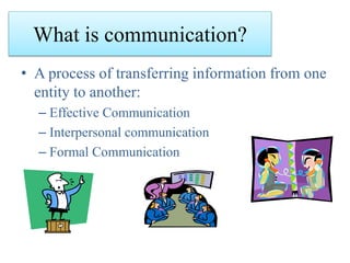 What is communication?
• A process of transferring information from one
entity to another:
– Effective Communication
– Interpersonal communication
– Formal Communication
 