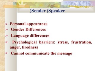 )Sender (Speaker
➢ Personal appearance
➢
➢
➢
➢
Gender Differences
Language differences
Psychological barriers: stress, frustration,
anger, tiredness
Cannot communicate the message
 