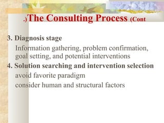 .)The Consulting Process (Cont
3. Diagnosis stage
Information gathering, problem confirmation,
goal setting, and potential interventions
4. Solution searching and intervention selection
avoid favorite paradigm
consider human and structural factors
 