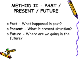 METHOD II - PAST /
PRESENT / FUTURE
o Past - What happened in past?
o Present - What is present situation?
o Future - Where are we going in the
future?
 