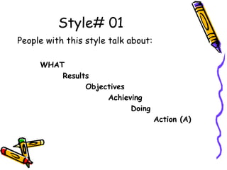 Style# 01
People with this style talk about:
WHAT
Results
Objectives
Achieving
Doing
Action (A)
 