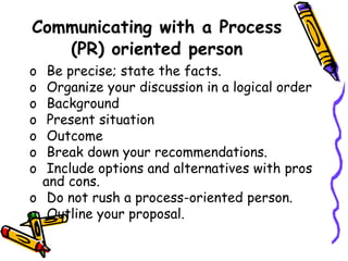 Communicating with a Process
(PR) oriented person
o Be precise; state the facts.
o Organize your discussion in a logical order
o Background
o Present situation
o Outcome
o Break down your recommendations.
o Include options and alternatives with pros
and cons.
o Do not rush a process-oriented person.
o Outline your proposal.
 