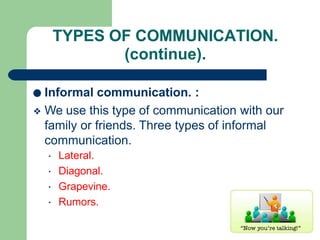 ● Informal communication. :
❖ We use this type of communication with our
family or friends. Three types of informal
communication.
▪
▪
▪
▪
Lateral.
Diagonal.
Grapevine.
Rumors.
TYPES OF COMMUNICATION.
(continue).
 
