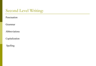 Second Level Writing:
Punctuation
Grammar
Abbreviations
Capitalization
Spelling
 