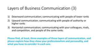 Layers of Business Communication (3)
1) Downward communication; communicating with people of lower ranks
2) Upward communication; communicating with people of authority or
higher ranks
3) Horizontal communication; communicating with your colleagues, rivals,
and competition, and people of the same ranks
Please find, at least, three examples of these layers of communication, and
please explain how they show your professionalism and personality, and
what you have to consider in each one.
 