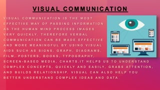 V I S U A L C O M M U N I C AT I O N
V I S U A L C O M M U N I C A T I O N I S T H E M O S T
E F F E C T I V E W A Y O F P A S S I N G I N F O R M A T I O N
A S T H E H U M A N M I N D P R O C E S S I M A G E S
V E R Y Q U I C K L Y . T H E R E F O R E V E R B A L
C O M M U N I C A T I O N C A N B E M A D E E F F E C T I V E
A N D M O R E M E A N I N G F U L B Y U S I N G V I S U A L
A I D S S U C H A S S I G N S , G R A P H , D I A G R A M S ,
F I L M , P O S T E R S , B O O K S , T Y P O G R A P H Y ,
S C R E E N - B A S E D M E D I A , C H A R T S . I T H E L P S U S T O U N D E R S T A N D
C O M P L E X C O N C E P T S , Q U I C K L Y A N D E A S I L Y , G R A B S A T T E N T I O N ,
A N D B U I L D S R E L A T I O N S H I P . V I S U A L C A N A L S O H E L P Y O U
B E T T E R U N D E R S T A N D C O M P L E X I D E A S A N D D A T A .
 