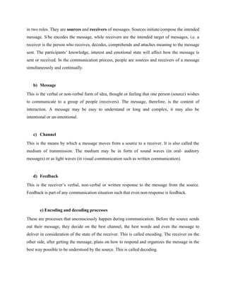 in two roles. They are sources and receivers of messages. Sources initiate/compose the intended
message. S/he encodes the message, while receivers are the intended target of messages, i.e. a
receiver is the person who receives, decodes, comprehends and attaches meaning to the message
sent. The participants’ knowledge, interest and emotional state will affect how the message is
sent or received. In the communication process, people are sources and receivers of a message
simultaneously and continually.
b) Message
This is the verbal or non-verbal form of idea, thought or feeling that one person (source) wishes
to communicate to a group of people (receivers). The message, therefore, is the content of
interaction. A message may be easy to understand or long and complex, it may also be
intentional or un-intentional.
c) Channel
This is the means by which a message moves from a source to a receiver. It is also called the
medium of transmission. The medium may be in form of sound waves (in oral- auditory
messages) or as light waves (in visual communication such as written communication).
d) Feedback
This is the receiver’s verbal, non-verbal or written response to the message from the source.
Feedback is part of any communication situation such that even non-response is feedback.
e) Encoding and decoding processes
These are processes that unconsciously happen during communication. Before the source sends
out their message, they decide on the best channel, the best words and even the message to
deliver in consideration of the state of the receiver. This is called encoding. The receiver on the
other side, after getting the message, plans on how to respond and organizes the message in the
best way possible to be understood by the source. This is called decoding.
 