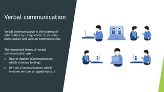 Verbal communication
Verbal communication is the sharing of
information by using words. It includes
both spoken and written communication.
The important forms of verbal
communication are –
 Oral or Spoken (Communication
which involves talking)
 Written (Communication which
involves written or typed words.)
 