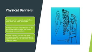 Physical Barriers
Physical barriers separate people from
each other and mark territories.
These barriers can often be seen in the
workplace where offices and closed
doors stop communication.
Physical barriers can stop you from
being comfortable communicating with
a person whom you do not come face to
face with often.
 