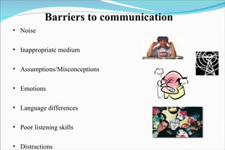 Barriers to communication Noise Inappropriate medium Assumptions/Misconceptions Emotions Language differences Poor listening skills Distractions 