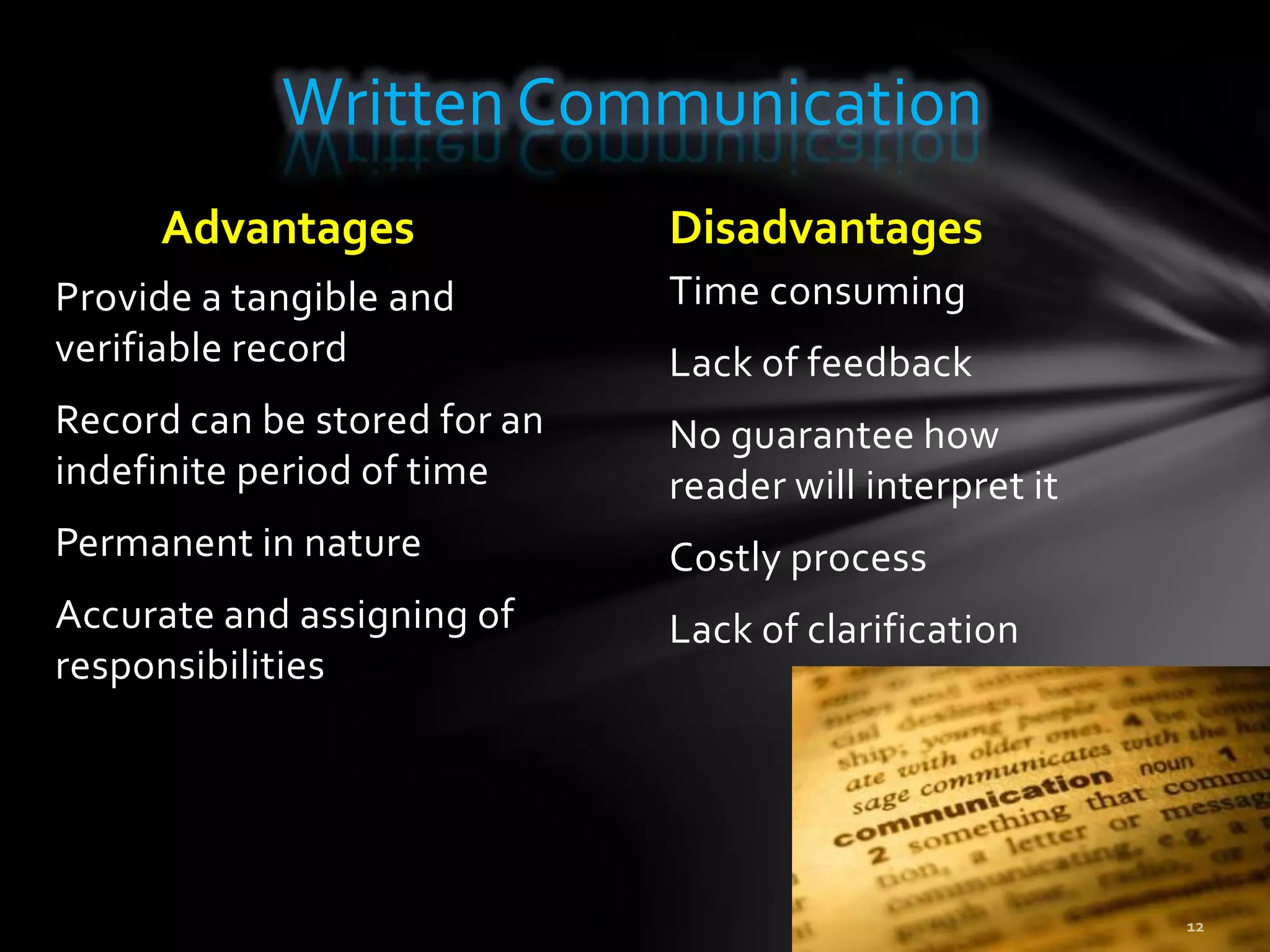 Written Communication
     Advantages               Disadvantages
Provide a tangible and        Time consuming
verifiable record             Lack of feedback
Record can be stored for an   No guarantee how
indefinite period of time     reader will interpret it
Permanent in nature           Costly process
Accurate and assigning of     Lack of clarification
responsibilities
 