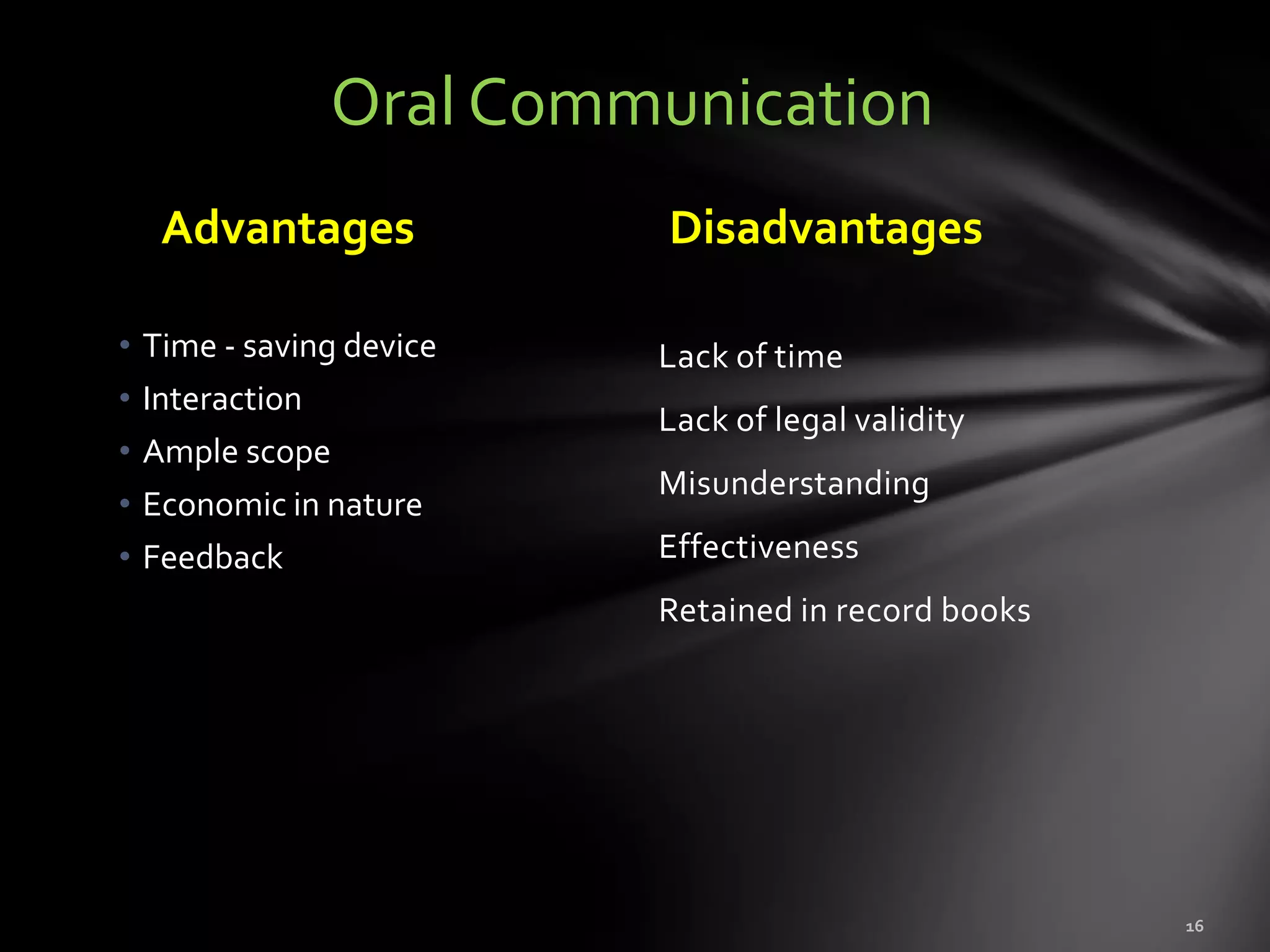 Oral Communication
     Advantages            Disadvantages

•   Time - saving device   Lack of time
•   Interaction
                           Lack of legal validity
•   Ample scope
                           Misunderstanding
•   Economic in nature
•   Feedback               Effectiveness
                           Retained in record books
 