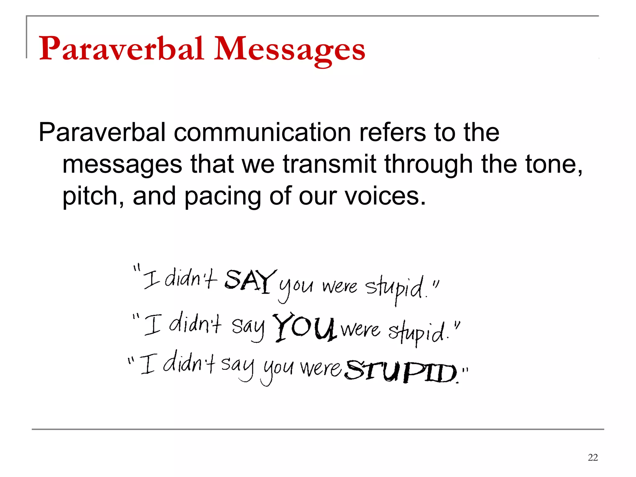 Paraverbal Messages
Paraverbal communication refers to the
messages that we transmit through the tone,
pitch, and pacing of our voices.
22
 