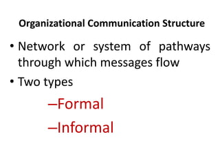 Organizational Communication Structure
• Network or system of pathways
through which messages flow
• Two types
–Formal
–In...