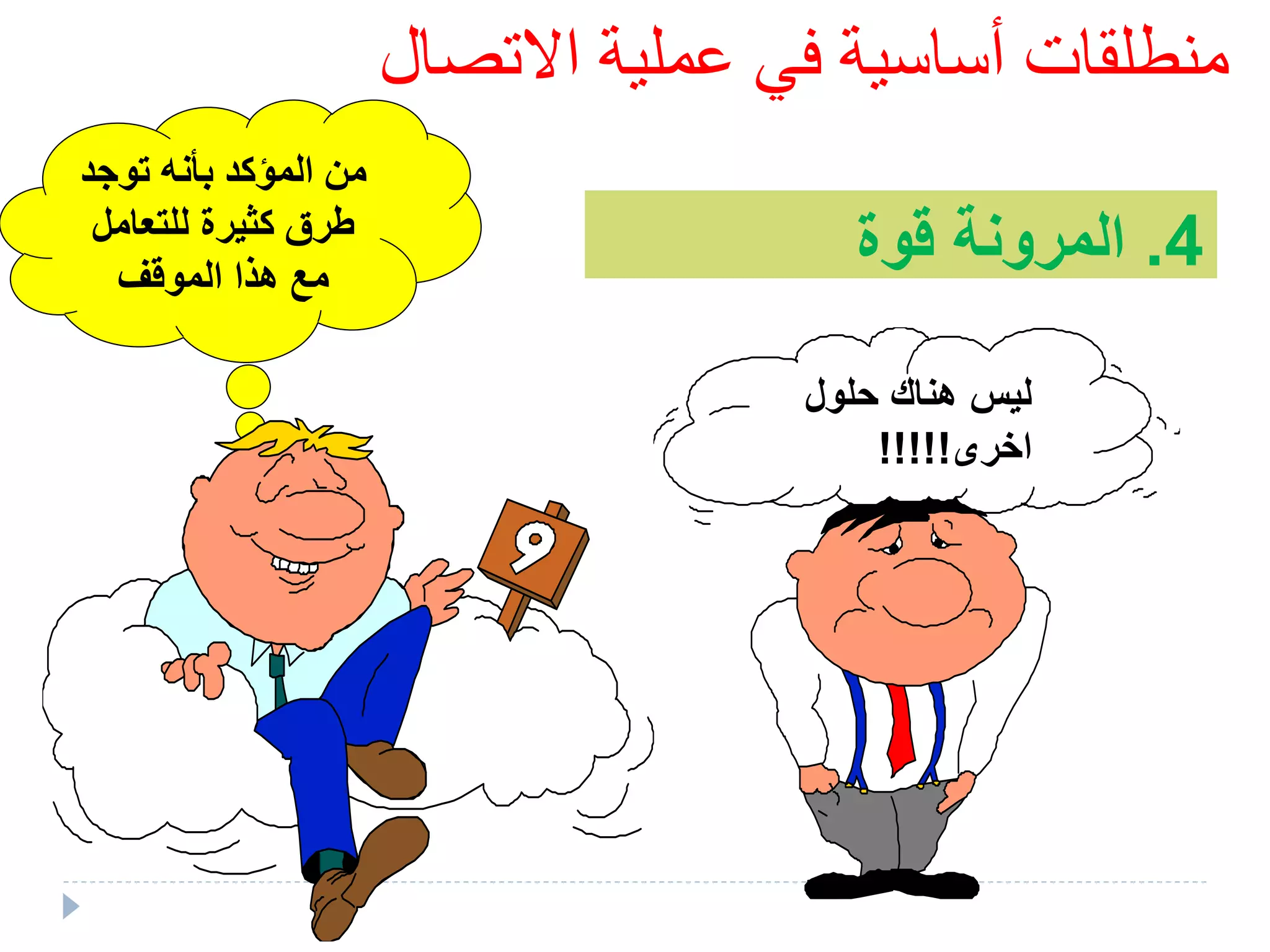 ‫االتصال‬ ‫عملية‬ ‫في‬ ‫أساسية‬ ‫منطلقات‬
4.‫قوة‬ ‫المرونة‬
‫توجد‬ ‫بأنه‬ ‫المؤكد‬ ‫من‬
‫للتعامل‬ ‫كثيرة‬ ‫طرق‬
‫هذ‬ ‫مع‬‫ا‬‫الموقف‬
‫حلول‬ ‫هناك‬ ‫ليس‬
‫اخرى‬!!!!!
 