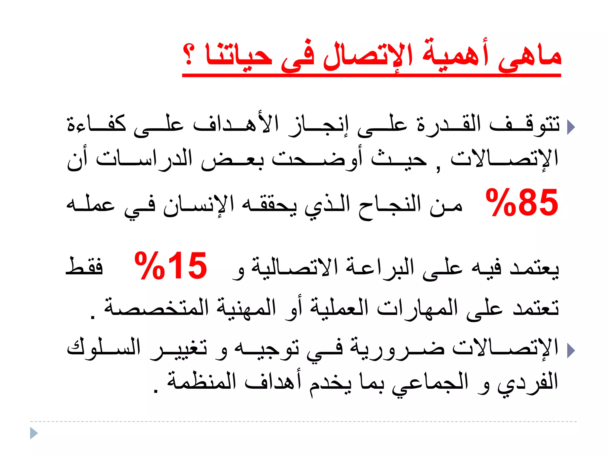‫حياتنا‬ ‫في‬ ‫اإلتصال‬ ‫أهمية‬ ‫ماهي‬‫؟‬
‫فففاءة‬‫ف‬‫كف‬ ‫فففا‬‫ف‬‫عل‬ ‫فففداق‬‫ف‬‫األه‬ ‫فففاء‬‫ف‬‫إنل‬ ‫فففا‬‫ف‬‫عل‬ ‫فففدرة‬‫ف‬‫الق‬ ‫فففق‬‫ف‬‫تتوق‬
‫ت‬ ‫فففا‬‫ف‬‫اإلتص‬,‫أن‬ ‫فففات‬‫ف‬‫الدراس‬ ‫فففن‬‫ف‬‫بع‬ ‫فففحت‬‫ف‬‫أوب‬ ‫فففض‬‫ف‬‫حي‬
85%‫فه‬‫ف‬‫عمل‬ ‫في‬‫ف‬‫ف‬ ‫فان‬‫ف‬‫اإلنس‬ ‫فه‬‫ف‬‫يحقق‬ ‫فقه‬‫ف‬‫ال‬ ‫فاذ‬‫ف‬‫النل‬ ‫فن‬‫ف‬‫م‬
‫و‬ ‫تصفالية‬ ‫ا‬ ‫البراعفة‬ ‫علفا‬ ‫فيفه‬ ‫يعتمفد‬15%‫فط‬‫ف‬‫فق‬
‫المتخصص‬ ‫المهنية‬ ‫أو‬ ‫العملية‬ ‫المهارات‬ ‫علا‬ ‫تعتمد‬‫ة‬.
‫فففلو‬‫ف‬‫الس‬ ‫فففر‬‫ف‬‫تغيي‬ ‫و‬ ‫فففه‬‫ف‬‫تولي‬ ‫فففي‬‫ف‬‫ف‬ ‫فففرورية‬‫ف‬‫ب‬ ‫ت‬ ‫فففا‬‫ف‬‫اإلتص‬‫ك‬
‫المنظمة‬ ‫أهداق‬ ‫يخدم‬ ‫بما‬ ‫اللماعي‬ ‫و‬ ‫الفرده‬.
 