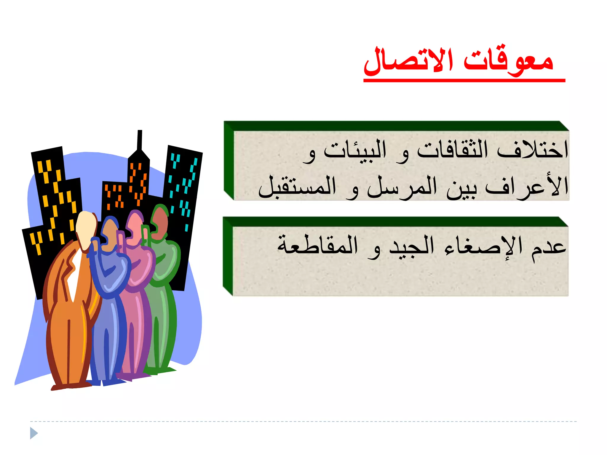 ‫االتصال‬ ‫معوقات‬
‫و‬ ‫البيئات‬ ‫و‬ ‫الثقافات‬ ‫اختالق‬
‫المستق‬ ‫و‬ ‫المرسل‬ ‫بين‬ ‫األعراق‬‫بل‬
‫المقاطعة‬ ‫و‬ ‫الليد‬ ‫اإلصغاء‬ ‫عدم‬
 