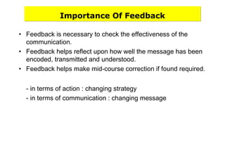 Importance Of Feedback
• Feedback is necessary to check the effectiveness of the
communication.
• Feedback helps reflect upon how well the message has been
encoded, transmitted and understood.
• Feedback helps make mid-course correction if found required.
- in terms of action : changing strategy
- in terms of communication : changing message
 
