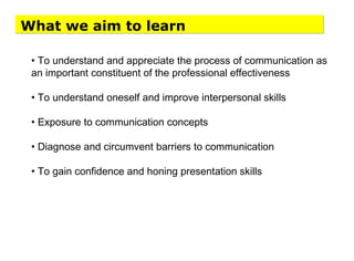 What we aim to learn
• To understand and appreciate the process of communication as
an important constituent of the professional effectiveness
• To understand oneself and improve interpersonal skills
• Exposure to communication concepts
• Diagnose and circumvent barriers to communication
• To gain confidence and honing presentation skills
 