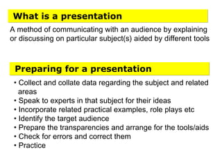 What is a presentation
A method of communicating with an audience by explaining
or discussing on particular subject(s) aided by different tools
Preparing for a presentation
• Collect and collate data regarding the subject and related
areas
• Speak to experts in that subject for their ideas
• Incorporate related practical examples, role plays etc
• Identify the target audience
• Prepare the transparencies and arrange for the tools/aids
• Check for errors and correct them
• Practice
 