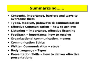 Summarizing……Summarizing……
• Concepts, importance, barriers and ways to
overcome them
• Types, medium, gateways to communication
• Effective Communication – how to achieve
• Listening – importance, effective listening
• Feedback – importance, how to receive
• Organizational communication, memos
• Communication Ethics
• Written Communication – steps
• Body Language - Types
• Presentation Skills – how to deliver effective
presentations
 