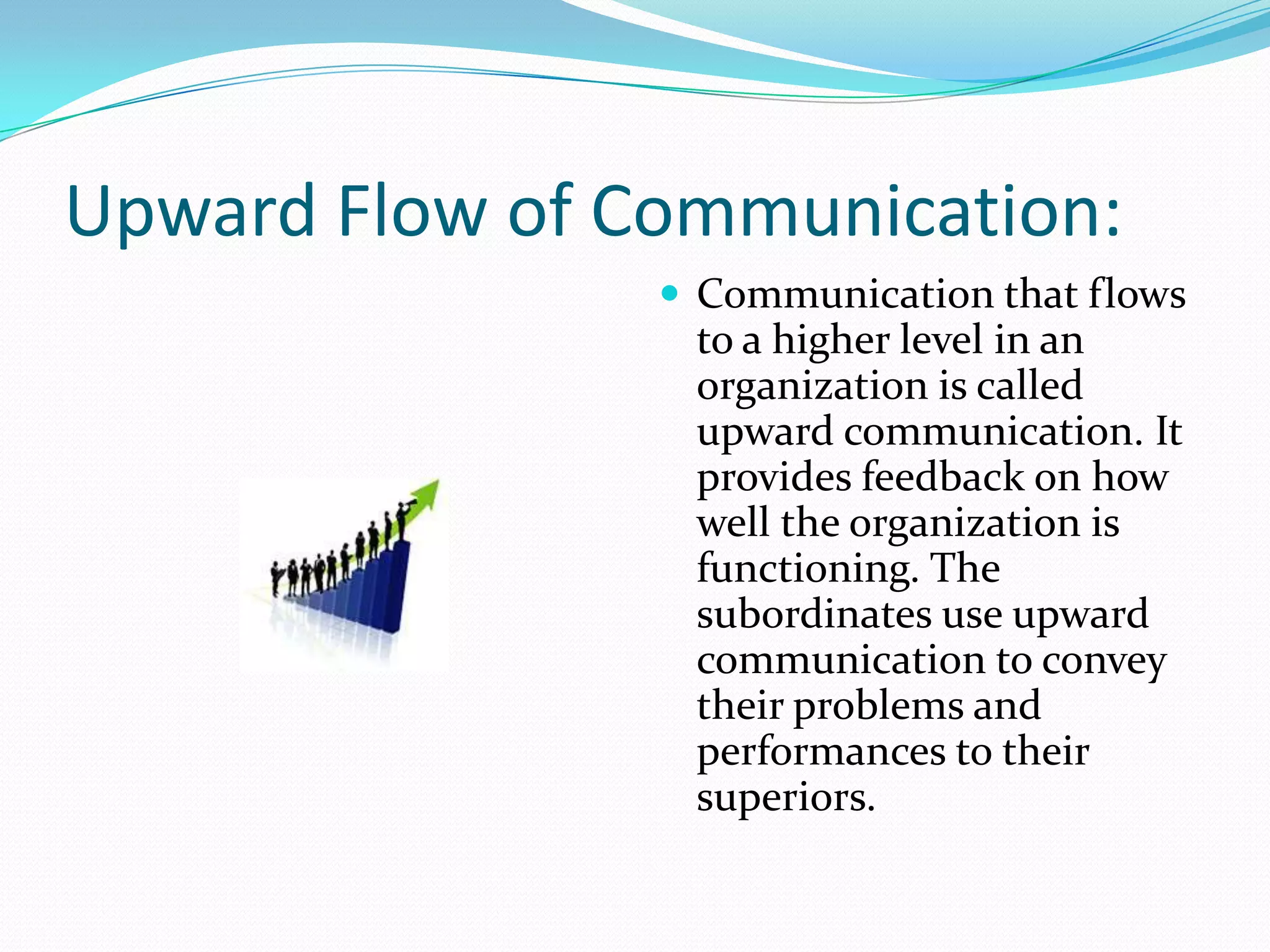 Upward Flow of Communication:
 Communication that flows
to a higher level in an
organization is called
upward communication. It
provides feedback on how
well the organization is
functioning. The
subordinates use upward
communication to convey
their problems and
performances to their
superiors.
 