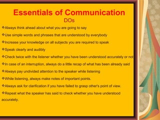 Essentials of Communication
DOs
Always think ahead about what you are going to say
Use simple words and phrases that are understood by everybody
Increase your knowledge on all subjects you are required to speak
Speak clearly and audibly
Check twice with the listener whether you have been understood accurately or not
In case of an interruption, always do a little recap of what has been already said
Always pay undivided attention to the speaker while listening
While listening, always make notes of important points.
Always ask for clarification if you have failed to grasp other's point of view.
Repeat what the speaker has said to check whether you have understood
accurately.

 