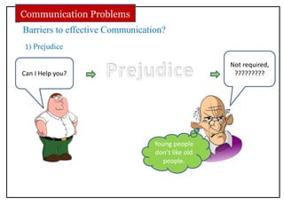 Barriers to effective Communication?
Communication Problems
Not required,
?????????
1) Prejudice
Can I Help you?
Young people
don’t like old
people.
 