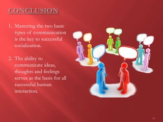 16
1. Mastering the two basic
types of communication
is the key to successful
socialization.
2. The ability to
communicate ideas,
thoughts and feelings
serves as the basis for all
successful human
interaction.
 