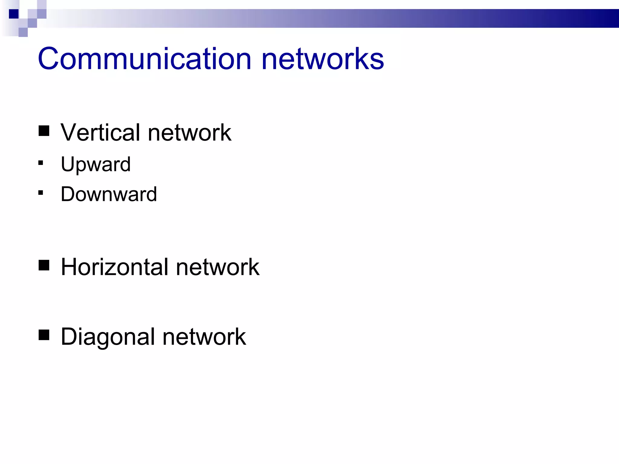 Communication networks

   Vertical network
   Upward
   Downward


   Horizontal network

   Diagonal network
 