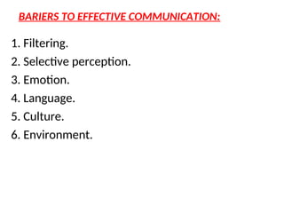 BARIERS TO EFFECTIVE COMMUNICATION:
1. Filtering.
2. Selective perception.
3. Emotion.
4. Language.
5. Culture.
6. Environment.
 