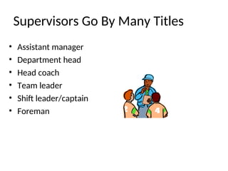 Supervisors Go By Many Titles
• Assistant manager
• Department head
• Head coach
• Team leader
• Shift leader/captain
• Foreman
 